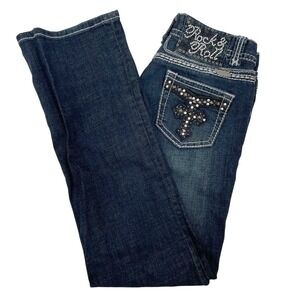 Rock & Roll Cowgirl‎ Low Rise Embellished Thick Stitch Jeans 28x32 Studded Cross